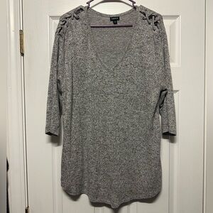 Gray V-Neck Sweater with Shoulder Details